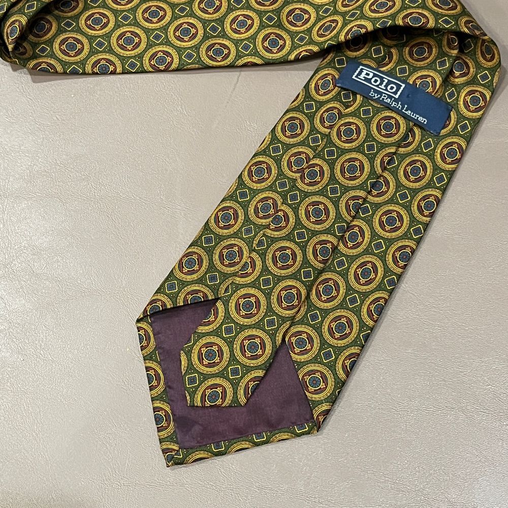 Polo Ralph Lauren Vintage Geometric Circle Print Silk Tie in Green and Gold - Picture 6 of 12